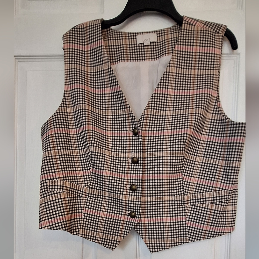 LOFT Plaid Button Front Vest Size XL Tailored Preppy Classic Academia